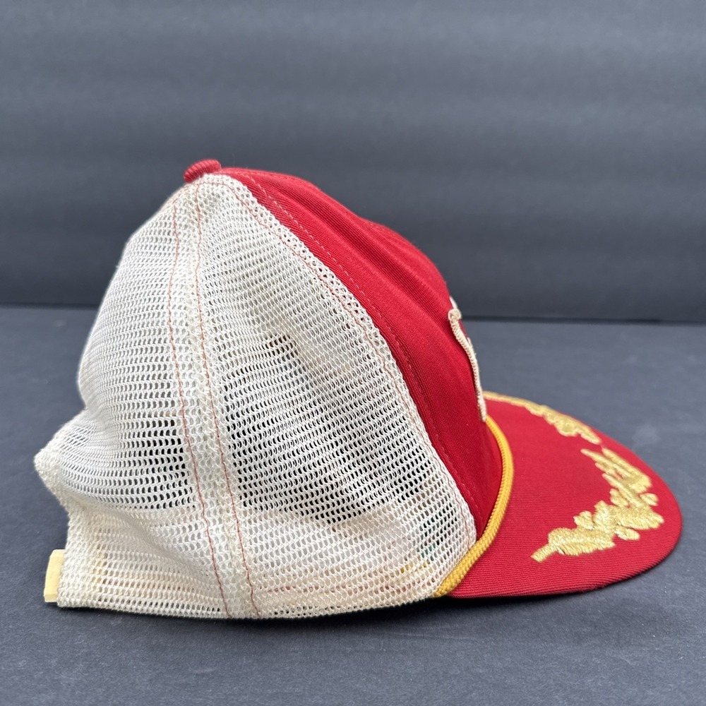 Vtg Snap Back Cap Budweiser Trucker Baseball Cap Hat Red Yellow USA Large - Picture 3 of 6